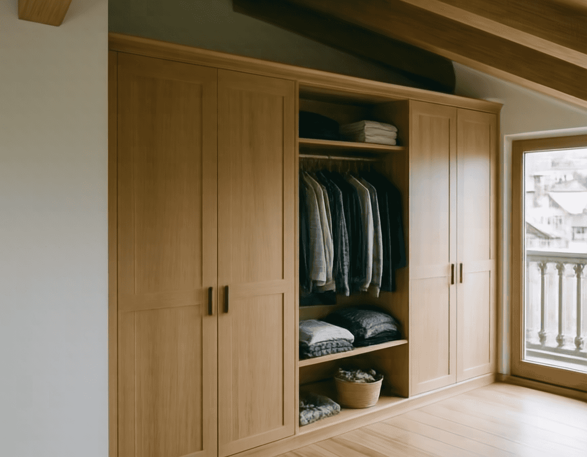 Eichen-Einbauschrank passgenau unter einer Dachschräge