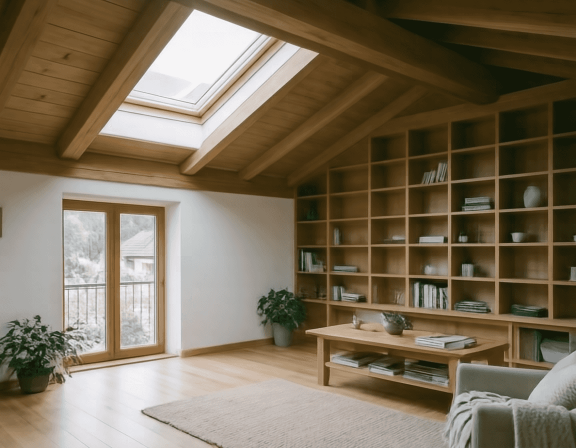 Ausgebautes Dachzimmer mit Eichen-Regalwand und Holzbalken