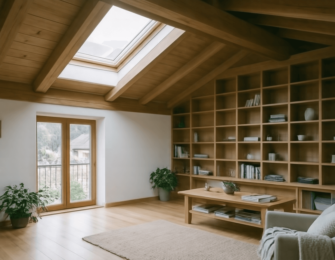 Ausgebautes Dachzimmer mit Eichen-Regalwand und Holzbalken