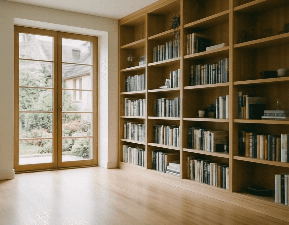 Bücherwand aus Eiche vom Boden bis zur Decke nach Mass