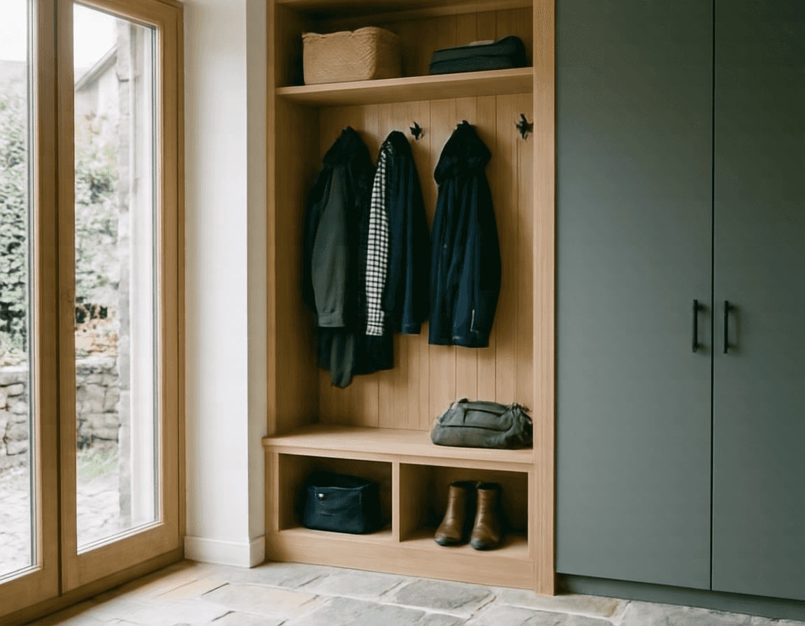 Einbau-Garderobe aus Eiche mit Sitzbank in einem hellen Flur