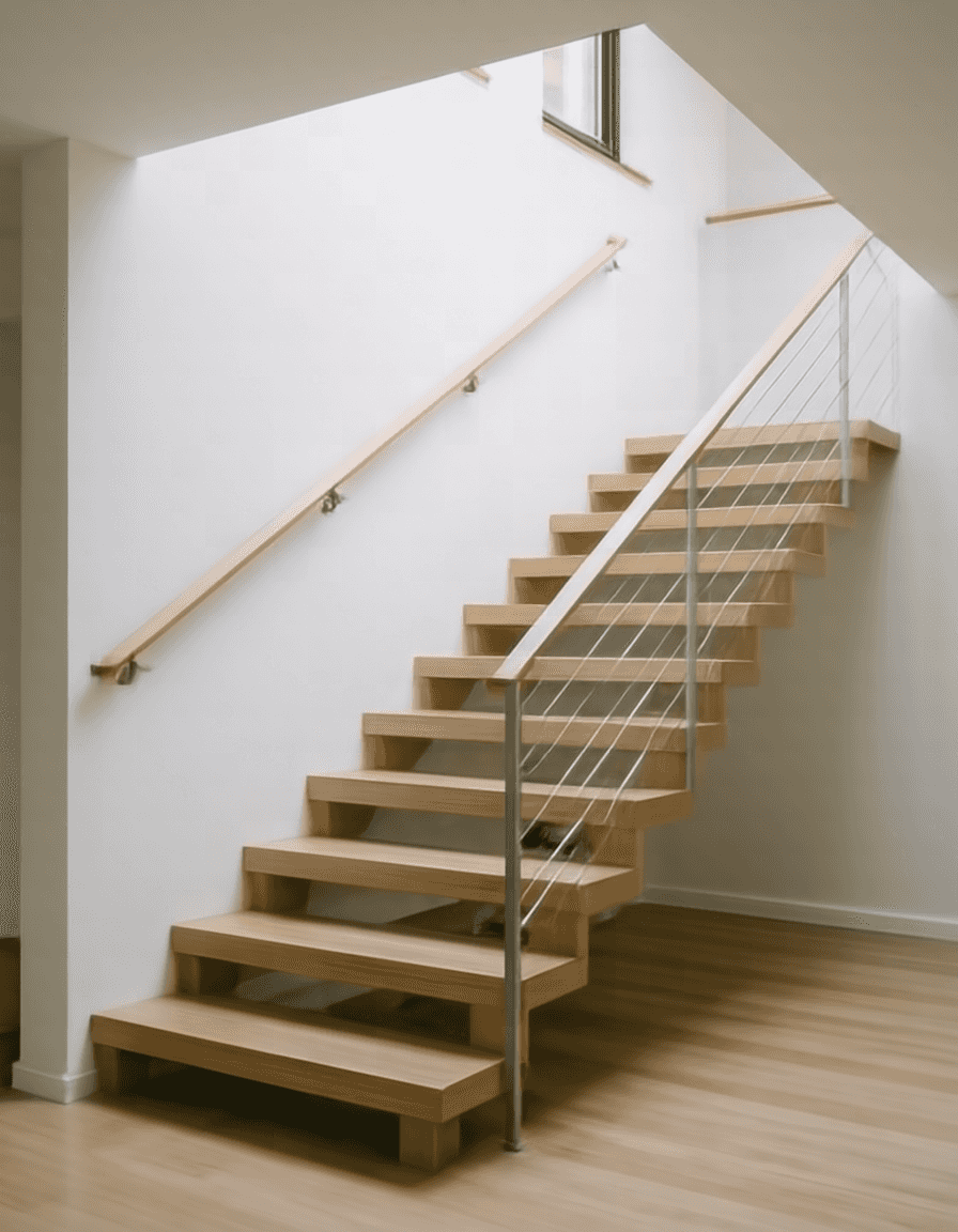 Moderne Massivholz-Treppe aus Eiche mit schlankem Geländer